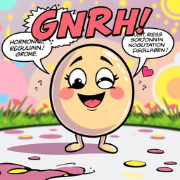 A simple, round character representing GnRh in a comic strip style