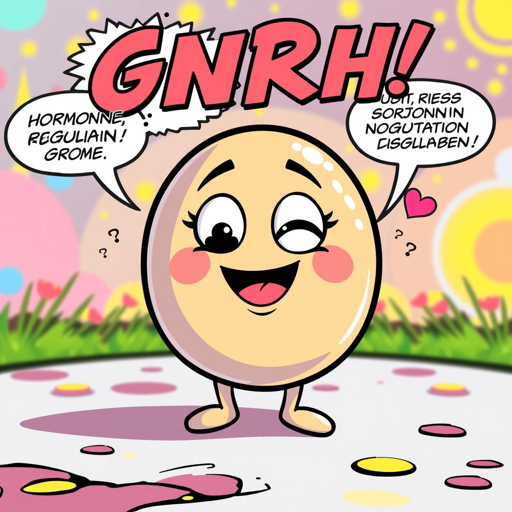A simple, round character representing GnRh in a comic strip style