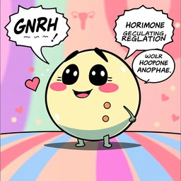 A simple, round character representing GnRh in a comic strip style