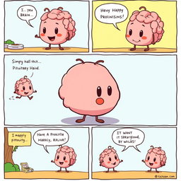 A whimsical comic strip featuring a simple, cartoonish pituitary gland that is shaped like an oval