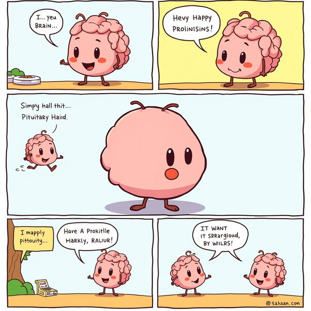 A whimsical comic strip featuring a simple, cartoonish pituitary gland that is shaped like an oval