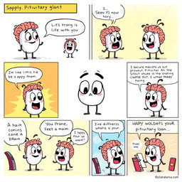 A whimsical comic strip featuring a simple, cartoonish pituitary gland that is shaped like an oval