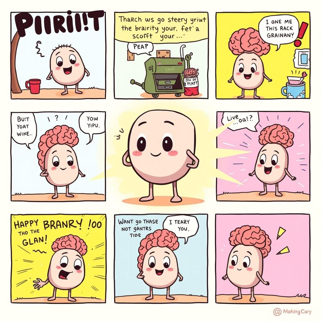 A whimsical comic strip featuring a simple, cartoonish pituitary gland that is shaped like an oval