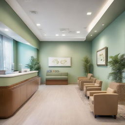 A large, welcoming reception area for a dental clinic featuring fifteen comfortable chairs for patients. Accompanied by a reception desk, the room is illuminated with soft light, complemented with tasteful decor and soothing wall colors.