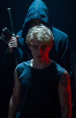A 20-year-old blonde male, standing in a tense pose with a mysterious hooded man behind him holding a weapon