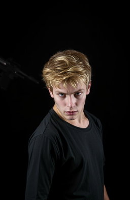 A 20-year-old blonde male, standing in a tense pose with a mysterious hooded man behind him holding a weapon