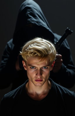 A 20-year-old blonde male, standing in a tense pose with a mysterious hooded man behind him holding a weapon