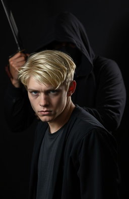 A 20-year-old blonde male, standing in a tense pose with a mysterious hooded man behind him holding a weapon