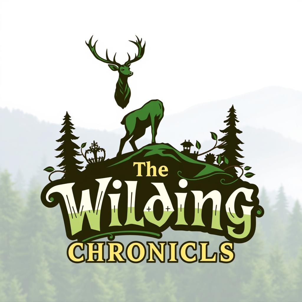 A dynamic and enchanting logo for 'The Wilding Chronicles', featuring a majestic stag standing atop a hill, symbolizing adventure and nature