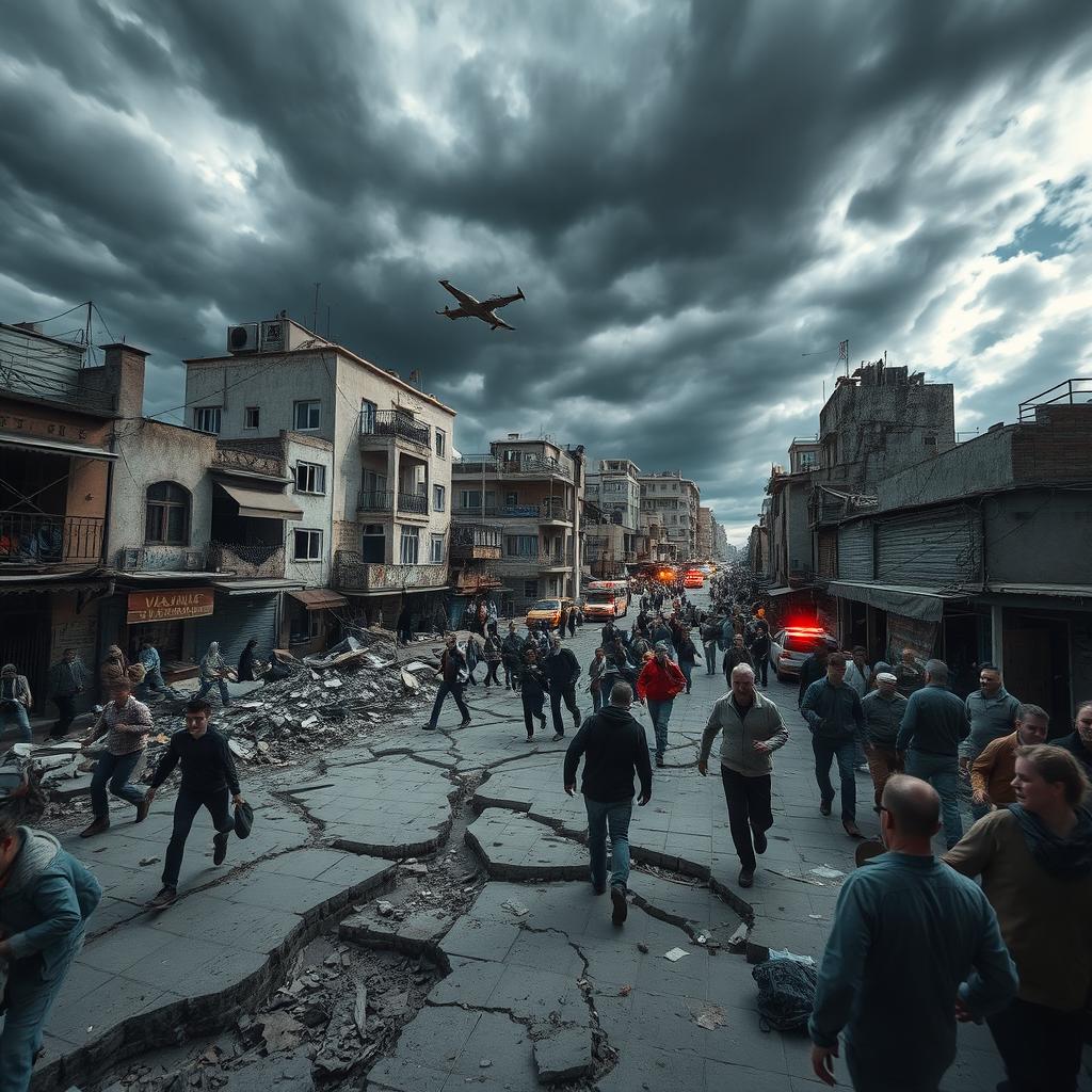 A dramatic scene depicting the chaos and intensity of an earthquake in an urban environment