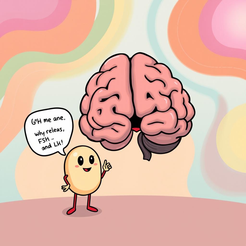 A whimsical illustration of a small, round character named GnRH in the brain, standing confidently in front of a simplistic, oval-shaped pituitary gland with a friendly brainy face