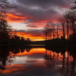 sun setting over a calm, serene lake surrounded by dark silhouetted trees and a glowing sky filled with hues of red, orange, and gold