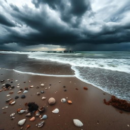 A striking scene depicting a beach where the ocean water is dramatically receding, exposing a vast stretch of sand and marine life