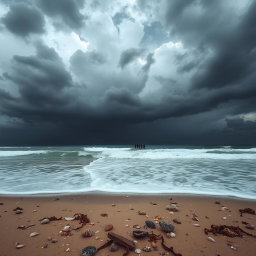A striking scene depicting a beach where the ocean water is dramatically receding, exposing a vast stretch of sand and marine life