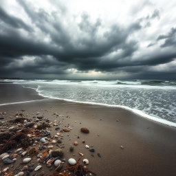 A striking scene depicting a beach where the ocean water is dramatically receding, exposing a vast stretch of sand and marine life