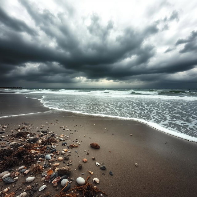 A striking scene depicting a beach where the ocean water is dramatically receding, exposing a vast stretch of sand and marine life