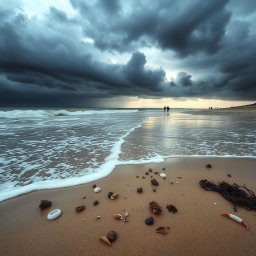 A striking scene depicting a beach where the ocean water is dramatically receding, exposing a vast stretch of sand and marine life