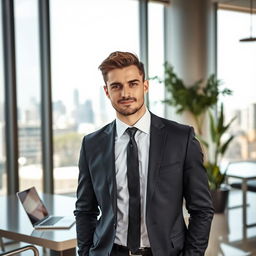 A handsome man in formal attire, standing in a modern office environment