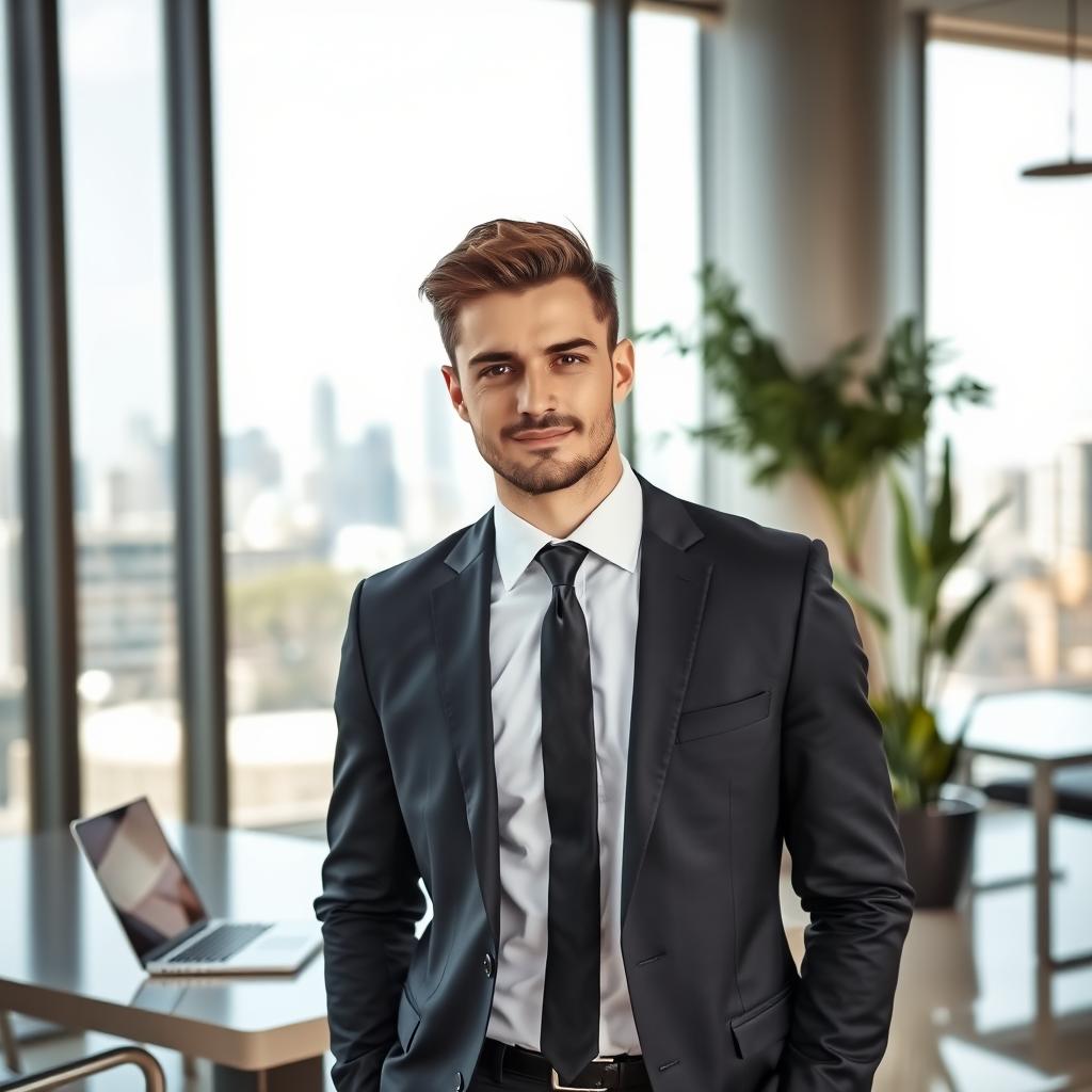 A handsome man in formal attire, standing in a modern office environment