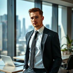 A handsome man in formal attire, standing in a modern office environment