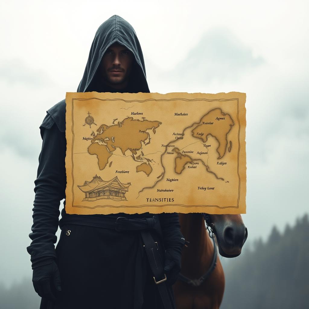Misty mountains in the background, a man dressed in dark clothing and covered by a hooded cloak standing beside a horse