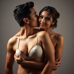 A 39-year-old Indonesian man with an athletic body and handsome features is hugging a beautiful 28-year-old woman from behind, demonstrating a sense of affection and intimacy as he kisses her cheek
