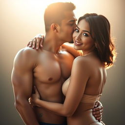 A 39-year-old Indonesian man with an athletic body and handsome features is hugging a beautiful 28-year-old woman from behind, demonstrating a sense of affection and intimacy as he kisses her cheek