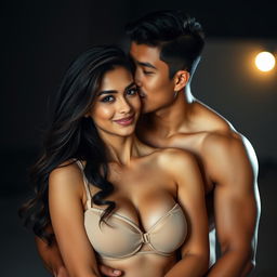 A 39-year-old Indonesian man with an athletic body and handsome features is hugging a beautiful 28-year-old woman from behind, demonstrating a sense of affection and intimacy as he kisses her cheek