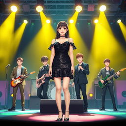 A young Korean woman in a black glimmering glam sparkling dress stands confidently on a vibrant stage, surrounded by four handsome Korean men in stylish outfits