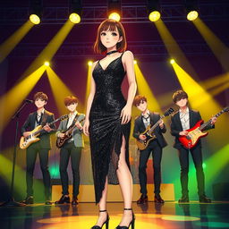 A young Korean woman in a black glimmering glam sparkling dress stands confidently on a vibrant stage, surrounded by four handsome Korean men in stylish outfits