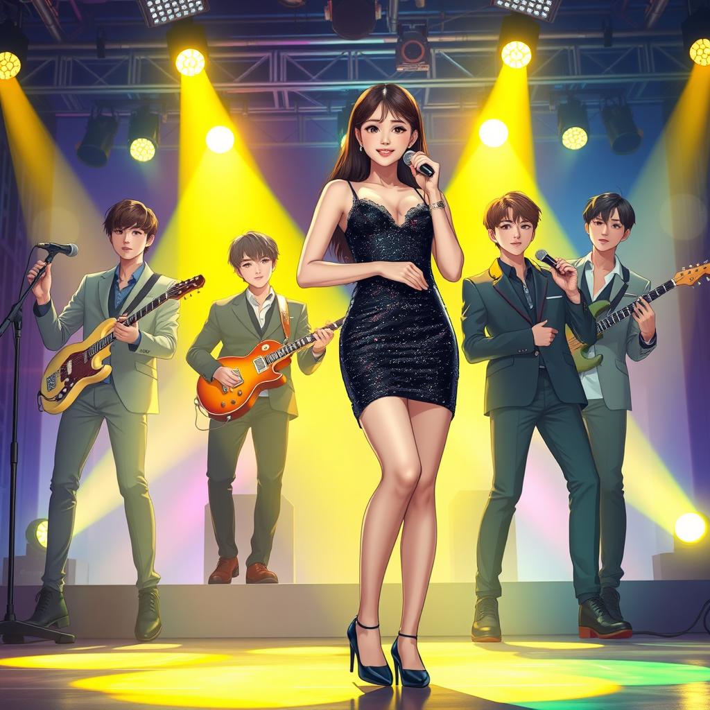 A young Korean woman in a black glimmering glam sparkling dress stands confidently on a vibrant stage, surrounded by four handsome Korean men in stylish outfits