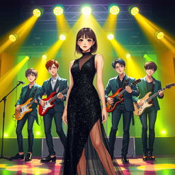 A young Korean woman in a black glimmering glam sparkling dress stands confidently on a vibrant stage, surrounded by four handsome Korean men in stylish outfits