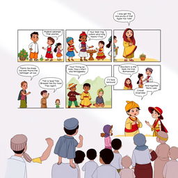 Create a vibrant and colorful 6-page cartoon comic that showcases the rich and diverse cultures and races in Indonesia