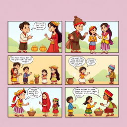 Create a vibrant and colorful 6-page cartoon comic that showcases the rich and diverse cultures and races in Indonesia