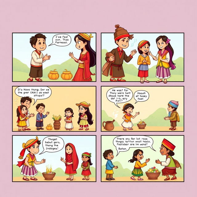 Create a vibrant and colorful 6-page cartoon comic that showcases the rich and diverse cultures and races in Indonesia