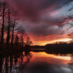 sun setting over a calm, serene lake surrounded by dark silhouetted trees and a glowing sky filled with hues of red, orange, and gold