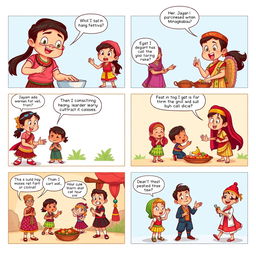 Create a vibrant and colorful 6-page cartoon comic that showcases the rich and diverse cultures and races in Indonesia