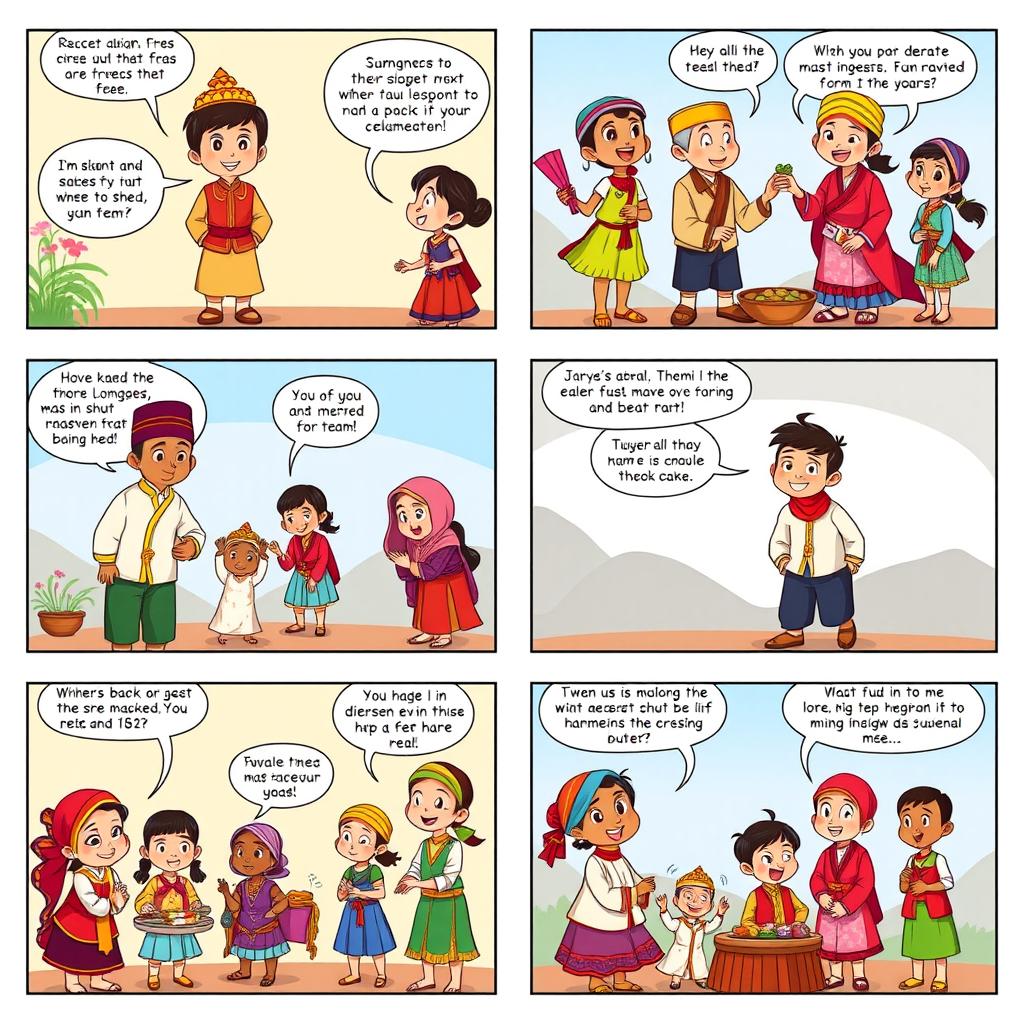Create a vibrant and colorful 6-page cartoon comic that showcases the rich and diverse cultures and races in Indonesia