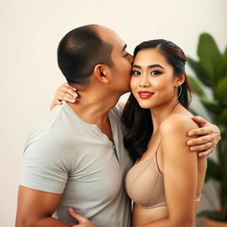 A 39-year-old Indonesian man with pure white skin is affectionately hugging a stunning 28-year-old woman from behind as he kisses her cheek