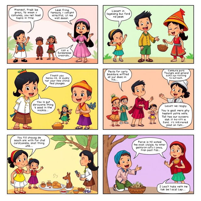 A vibrant comic strip spread across 6 pages, showcasing the diverse races in Indonesia, including Javanese, Sundanese, Balinese, Bugis, and others