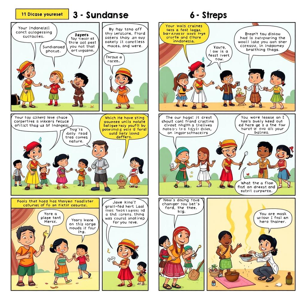 A vibrant comic strip spread across 6 pages, showcasing the diverse races in Indonesia, including Javanese, Sundanese, Balinese, Bugis, and others