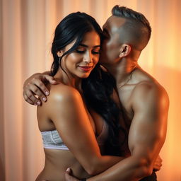 A 39-year-old Indonesian man with pure white skin is embracing a beautiful 28-year-old woman from behind with deep affection as he kisses her cheek