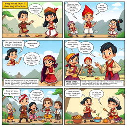 A high-definition, vibrant 6-page comic strip illustrating the diverse races in Indonesia, featuring Javanese, Sundanese, Balinese, Bugis, and others
