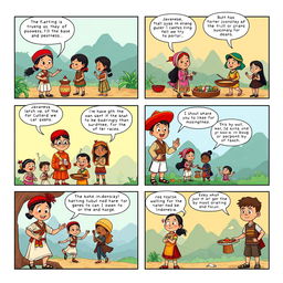 A high-definition, vibrant 6-page comic strip illustrating the diverse races in Indonesia, featuring Javanese, Sundanese, Balinese, Bugis, and others