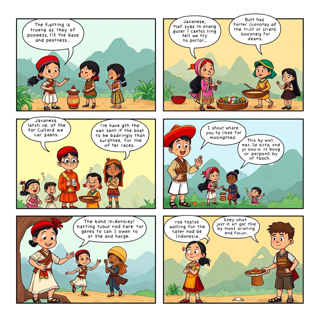 A high-definition, vibrant 6-page comic strip illustrating the diverse races in Indonesia, featuring Javanese, Sundanese, Balinese, Bugis, and others