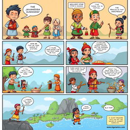 A high-definition, vibrant 6-page comic strip illustrating the diverse races in Indonesia, featuring Javanese, Sundanese, Balinese, Bugis, and others