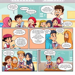 A high-definition, colorful 6-page comic strip set in a school in Indonesia, showcasing the diversity of races such as Javanese, Sundanese, Balinese, Bugis, and others