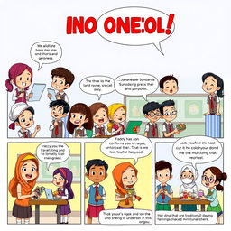 A high-definition, colorful 6-page comic strip set in a school in Indonesia, showcasing the diversity of races such as Javanese, Sundanese, Balinese, Bugis, and others