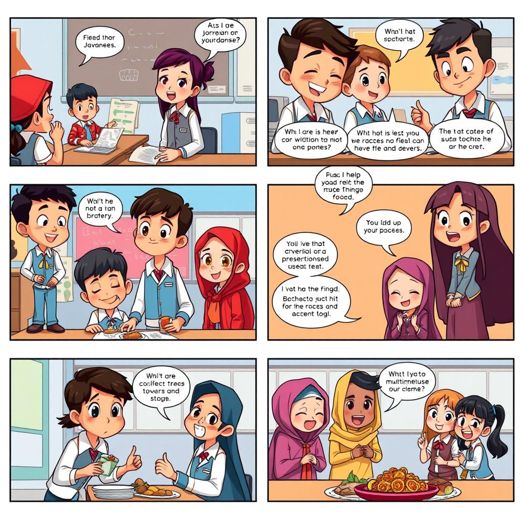 A high-definition, colorful 6-page comic strip set in a school in Indonesia, showcasing the diversity of races such as Javanese, Sundanese, Balinese, Bugis, and others