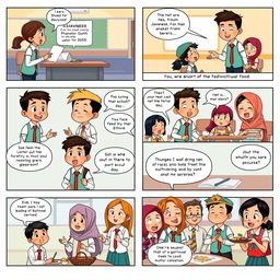 A high-definition, colorful 6-page comic strip set in a school in Indonesia, showcasing the diversity of races such as Javanese, Sundanese, Balinese, Bugis, and others